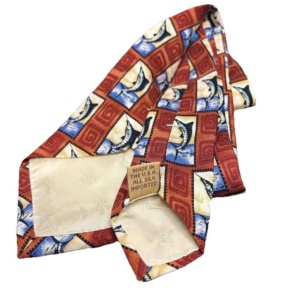 Vintage Tommy Bahama Marlin Postage Stamp Silk Necktie Handmade USA Red Wide Tie